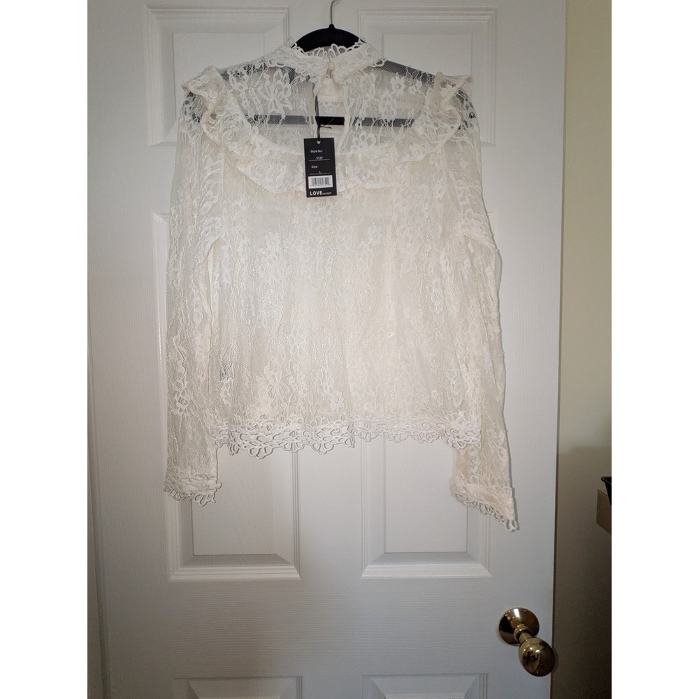 Love University White Lace Ruffle High Neck Blouse Long Sleeve Top 3137 NEW L - Picture 2 of 10